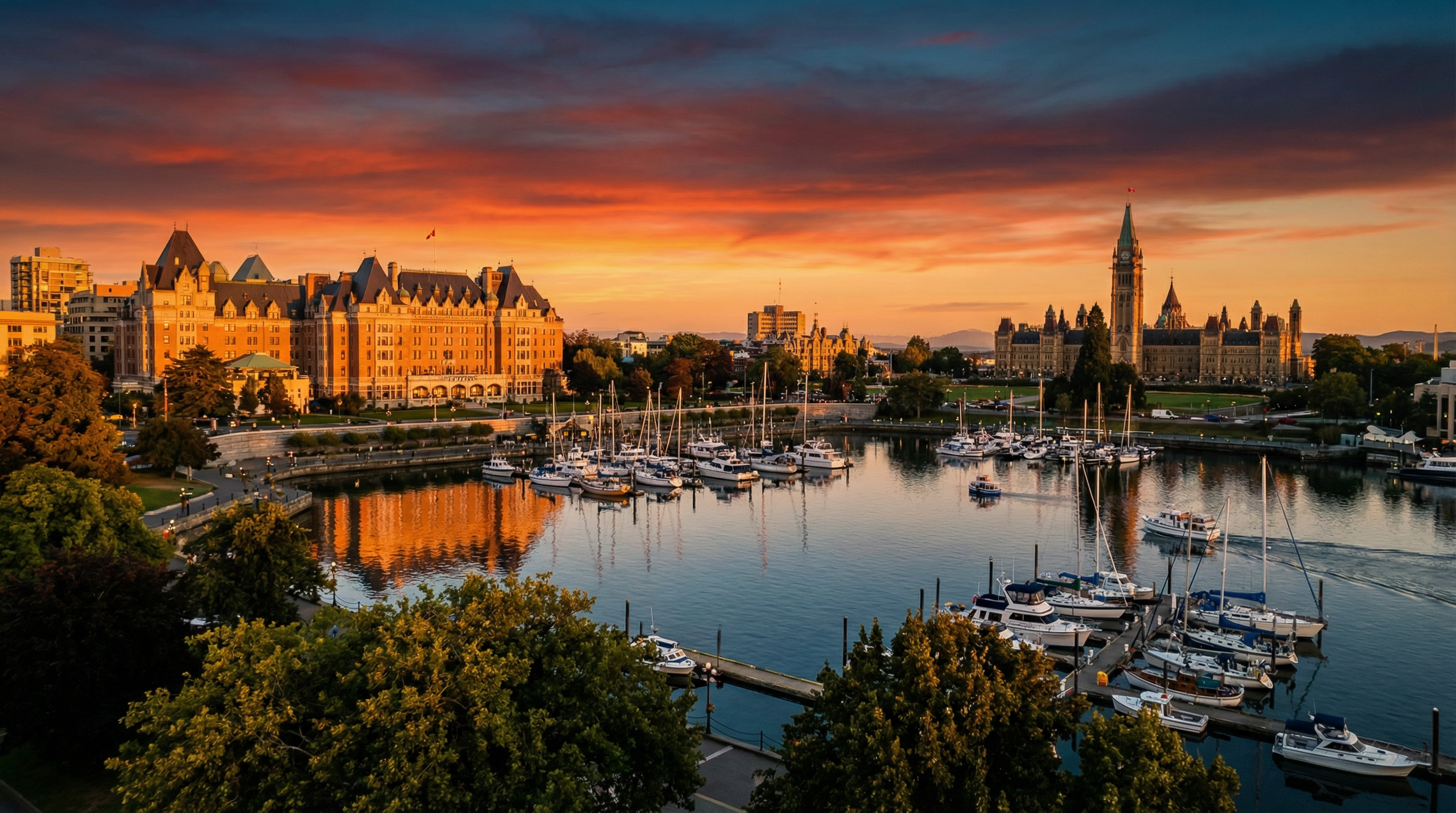 Victoria BC Inner Harbour at sunset
